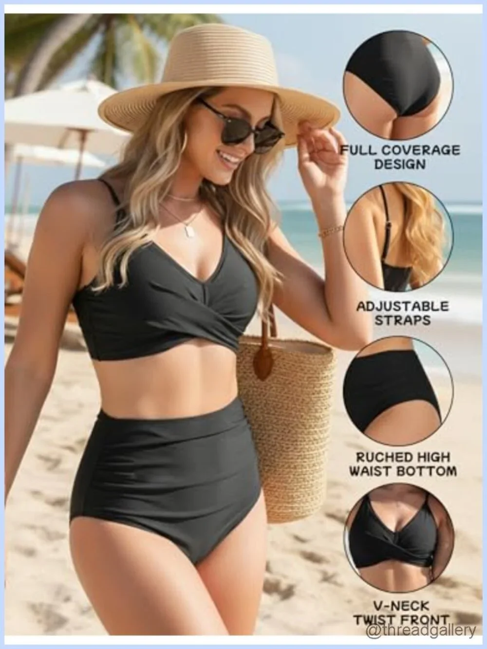 High Waisted Bikini Set Women Twist Front V Neck Two Piece Swimsuit Ruched